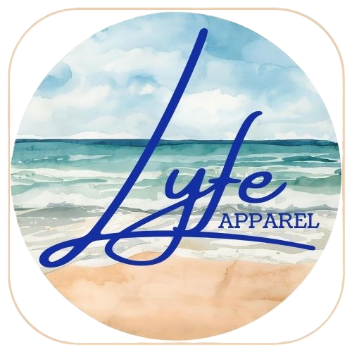 Lyfe Apparel logo over watercolor beach scene
